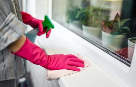 persona limpando una ventana con productos de limpieza ecologica